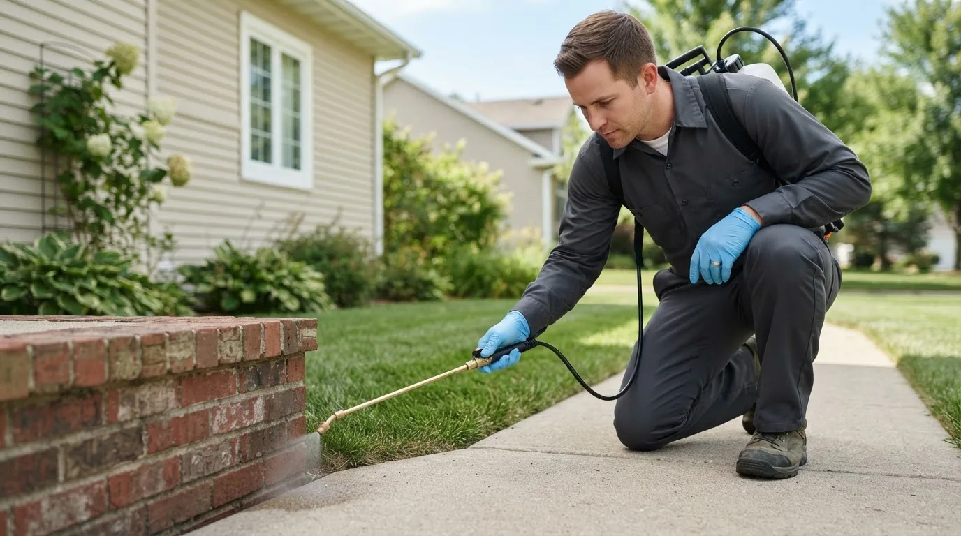 Pest control technician treating a home near Dell, MT